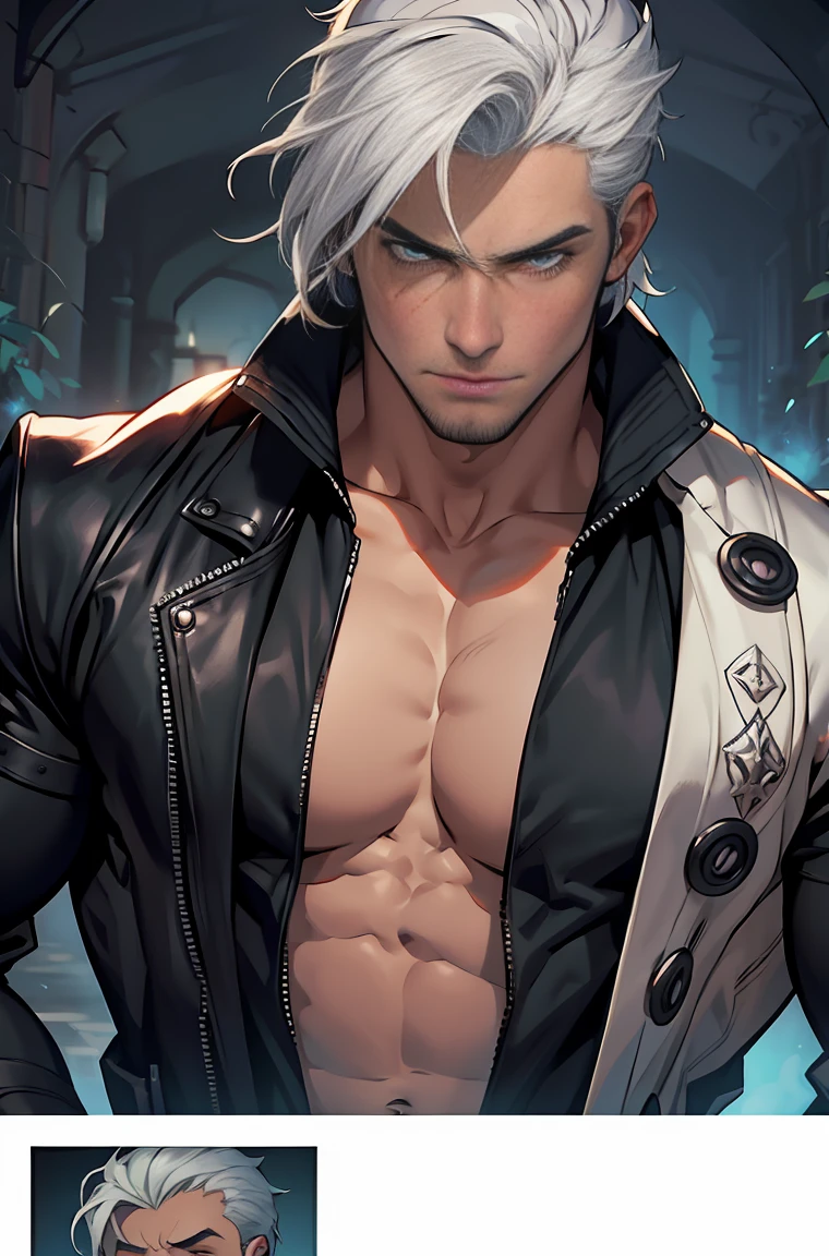 Man, masculine, lean body, Bara, big pecs, erect, big balls, 8 inches penis, thick chest hair, pubic hair, white hair, adult, 45 years old, short beard, blue eyes, open black robe, red shirt under the robe, ripped pants, dark alley, leaning against wall, warlock, silver necklace, big lips, seductive, serious face,