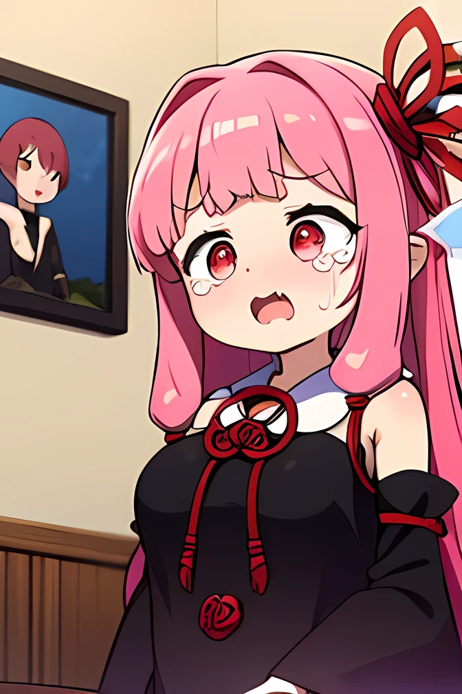 kotonoha akane,((hanging eye)),Small eyes,red eyes, iris,(A single fang),round face,hair ribbon,long hair,pink hair,(((big breast))),(chubby),(((black dress:1.5))), detached sleeves, wide sleeves, bare shoulders ,(closed eyes),,(Look down),( surprised),(Astonished),(crying),(happy),indoors,living room,upper body,angle from below,(face),