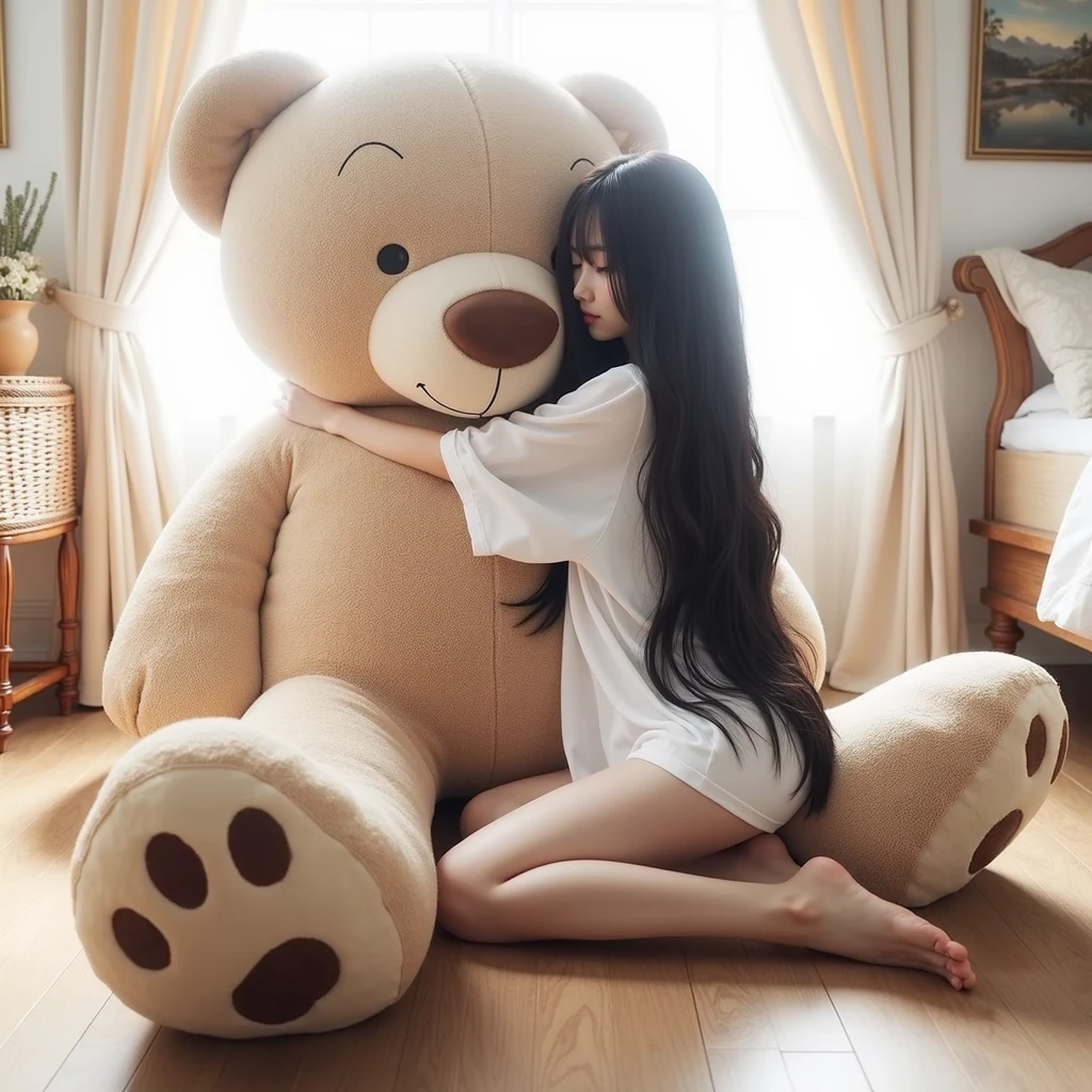 a very large teddy bear, sleeping in a spacious garden yard, with a little beside it, with a background of a wide field, with the color of the teddy bear being pink, with a more realistic and cinematic style of drawing