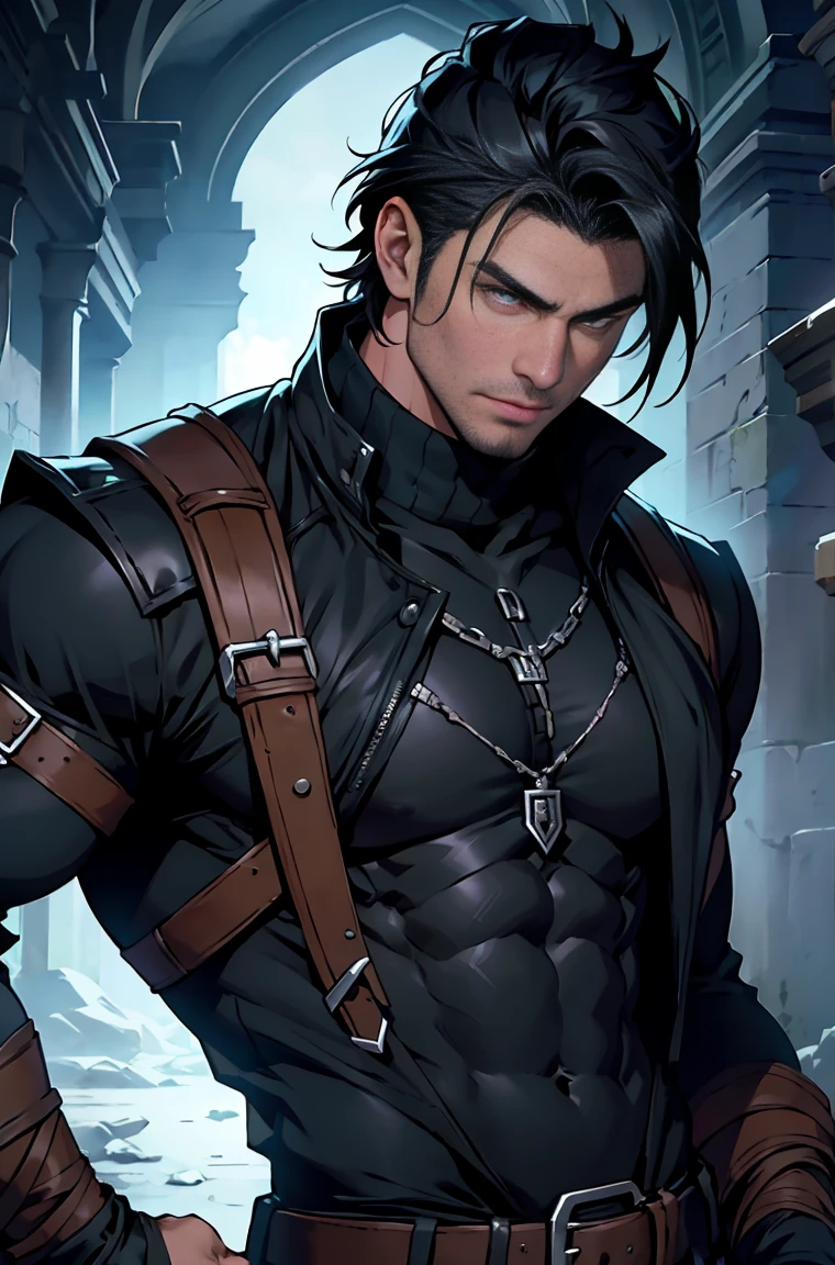 (best quality), 1boy, male, pale skin, black hair, medium hair, curtain hair, tousled hair, green eyes, perfect eyes, dark circles under eyes, (wolf ears), (wolf tail), collar, handsome, strong jawline, lazy, light smile, attractive, masterpiece, anatomically correct, highres