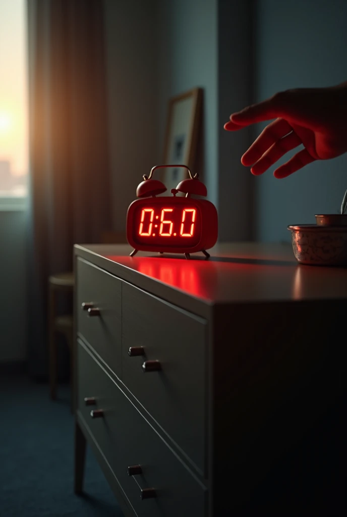 An alarm on top of the dresser marking 06:00 in the morning in red with one hand on top of the alarm trying to turn it off