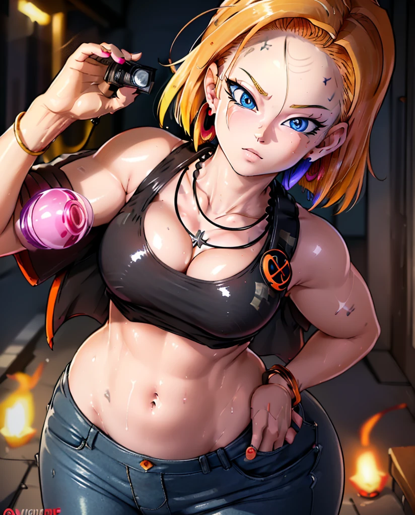 mixed_artwork style, cleavage, sweaty, 1 girl, standing alone, hands, (Better quality, 4k, Masterpiece :1.3), beautiful, hyper realistic, 1girl, attractive body :1.2, abs :1.1, (wet body :1.2), ultra-detailed face, Detailed Lips, detailed, Robotic arms, spotted body, defined body, black eyes, black and yellow eyeballs, Black tattoo, Yellow electricity through the arm, Long yellow hair, neck tattoo, cyborg, fighter, sweaty body, Fighter outfit, cyberpunk style, Wide hips, strong legs , military pants, neon jacket, Anger expression, lightning powers 
