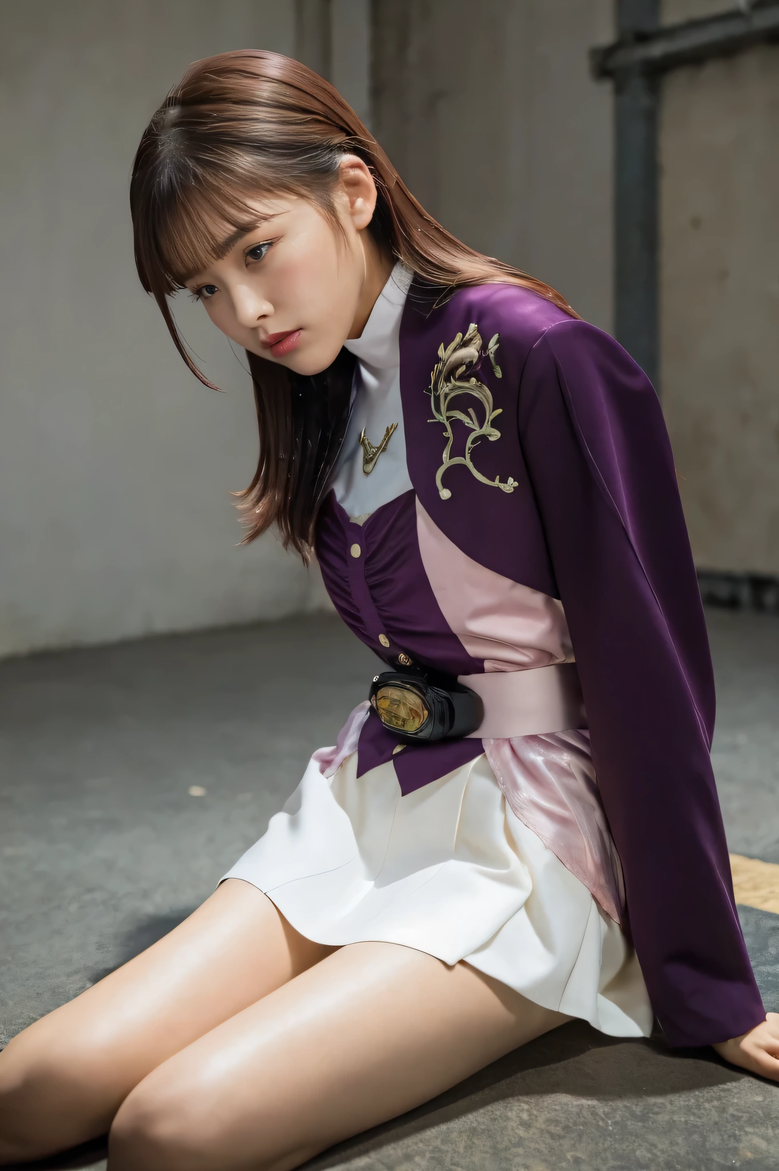 ( 高精細CG),( Top Quality ),(( composition showing the part above the knee)),((Inside a dark prison with no lights)),(( lie on the ground with your back)),(( 1girl )), perfect face, shiny skin , wide hips , thin waist, purple bolero jacket,((white skirt)), Long Sleeve , pink belt,((brown hair color )), straight long hair,((Composition showing the part above the knee where the eyebrows are bent in the shape of a C )),(( crying face)),
