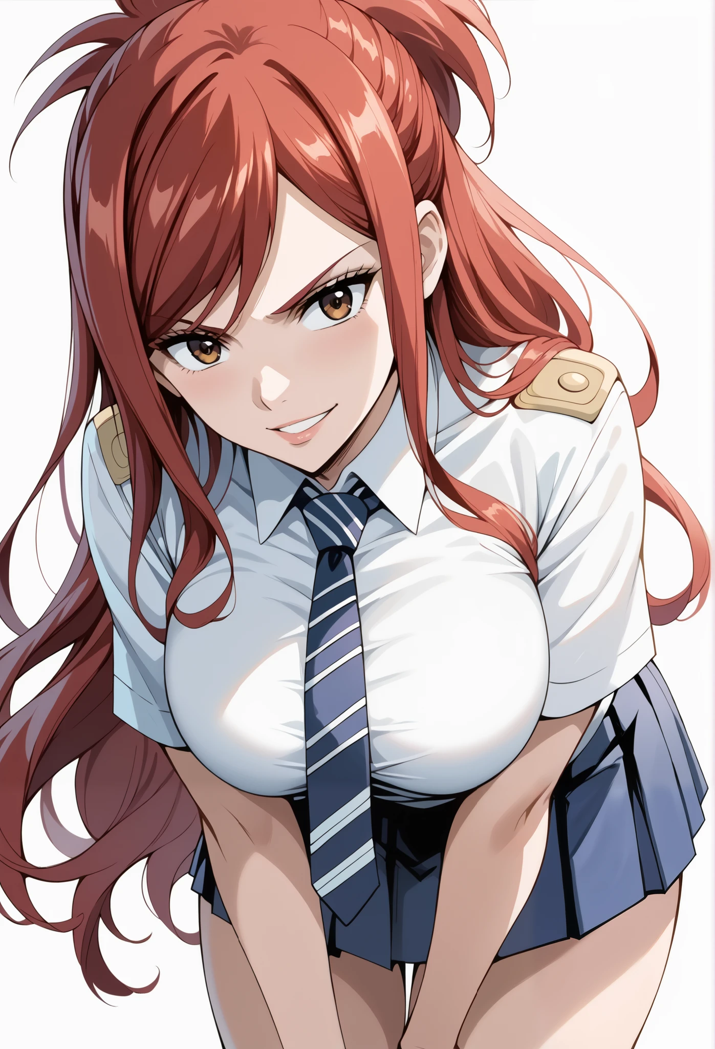 score_9, score_8_up, score_7_up, source_anime, 4K,perfect fingers,(perfect hands, perfect anatomy),prefect lighting, very aesthetic, intricate details,highly detailed background, masterpiece, high quality, best quality,
1 girl,solo,erza knightwalker, red hair, brown eyes, long hair, straight hair,mature female,large breast,,
wearing ((necktie,school uniform, skirt, )),,
((White plain background:1.5)) , evil smirk, Standing, looking at viewers, low angle, ((leaning forward:1.5)),