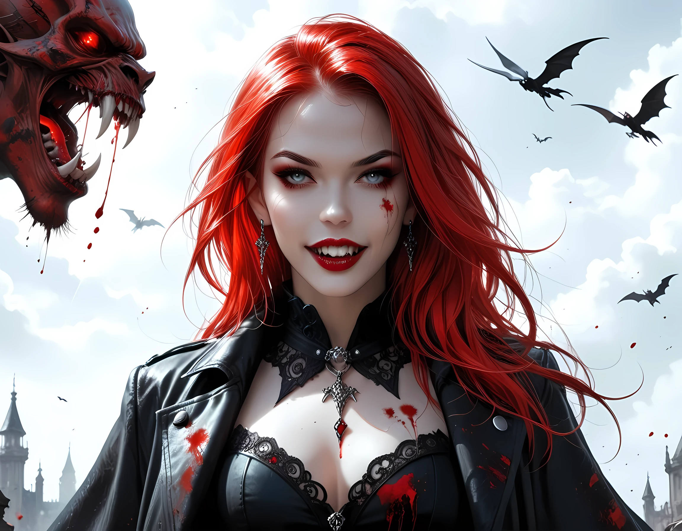 score_9, score_8_up, score_7_up, fantasy art, (black and white art: 1.5) mostly black and white, a picture of a beautiful female vampire, long hair hair, blue eyes, wearing trench coat, wearing a skirt, wearing white button shirt, (red blood stains: 1.3), it is cloudy day (only colors are the blood and the eyes), vampyfangs1, fantasy, Vampire Dress