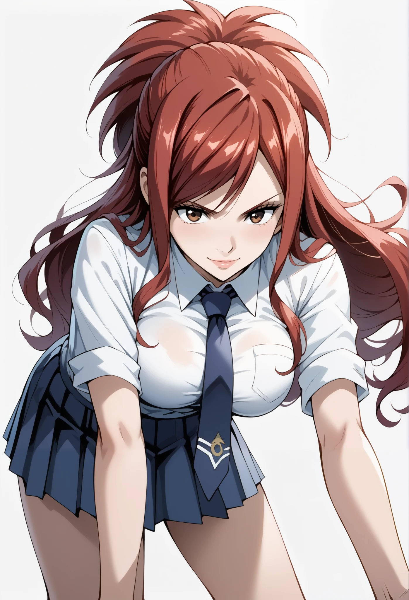 score_9, score_8_up, score_7_up, source_anime, 4K,perfect fingers,(perfect hands, perfect anatomy),prefect lighting, very aesthetic, intricate details,highly detailed background, masterpiece, high quality, best quality,
1 girl,solo,erza knightwalker, red hair, brown eyes, long hair, straight hair,mature female,large breast,,
wearing ((necktie,school uniform, skirt, )),,
((White plain background:1.5)) , evil smirk, Standing, looking at viewers, low angle, ((leaning forward:1.5)), bottom view,