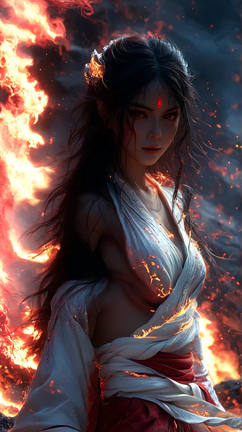 (Best Quality,Ultra-detailed,Realistic:1.37)、Native American Indian shamans summon fire spirits、An 18-year-old woman、１femele、独奏、(Sharp eyes:1.5)、Beautiful face of attractive Native American Indian woman、Native American Indian Women's Makeup、Aggressive look、Less revealing Native American Indian attire、Cane made of wood、(Shoot flames from her hand:1.5)、perfect hand、Full body