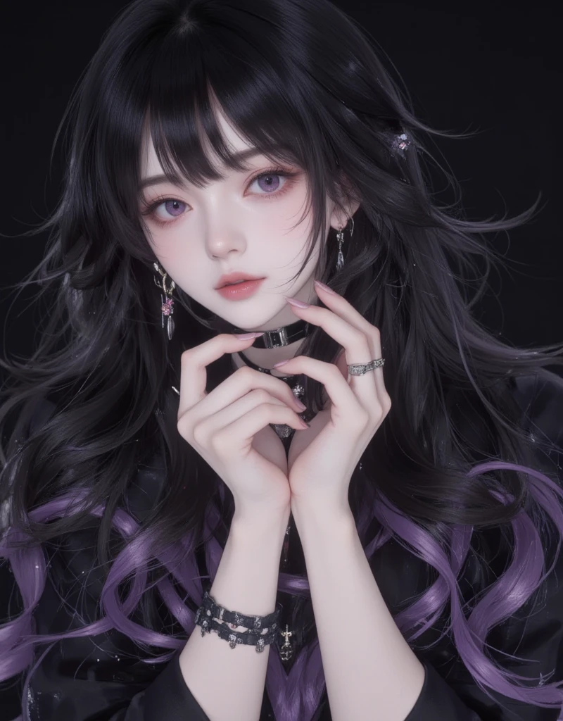 Noir painting of a beautiful young witch, Long purple hair, Rich purple lips, evil, evil女, smile, Black Prom Dress, She is coming to you, Close-up, Bright Blue Eyes, Surrounded by swirling pink smoke, Genuine, Attention to detail, highest quality