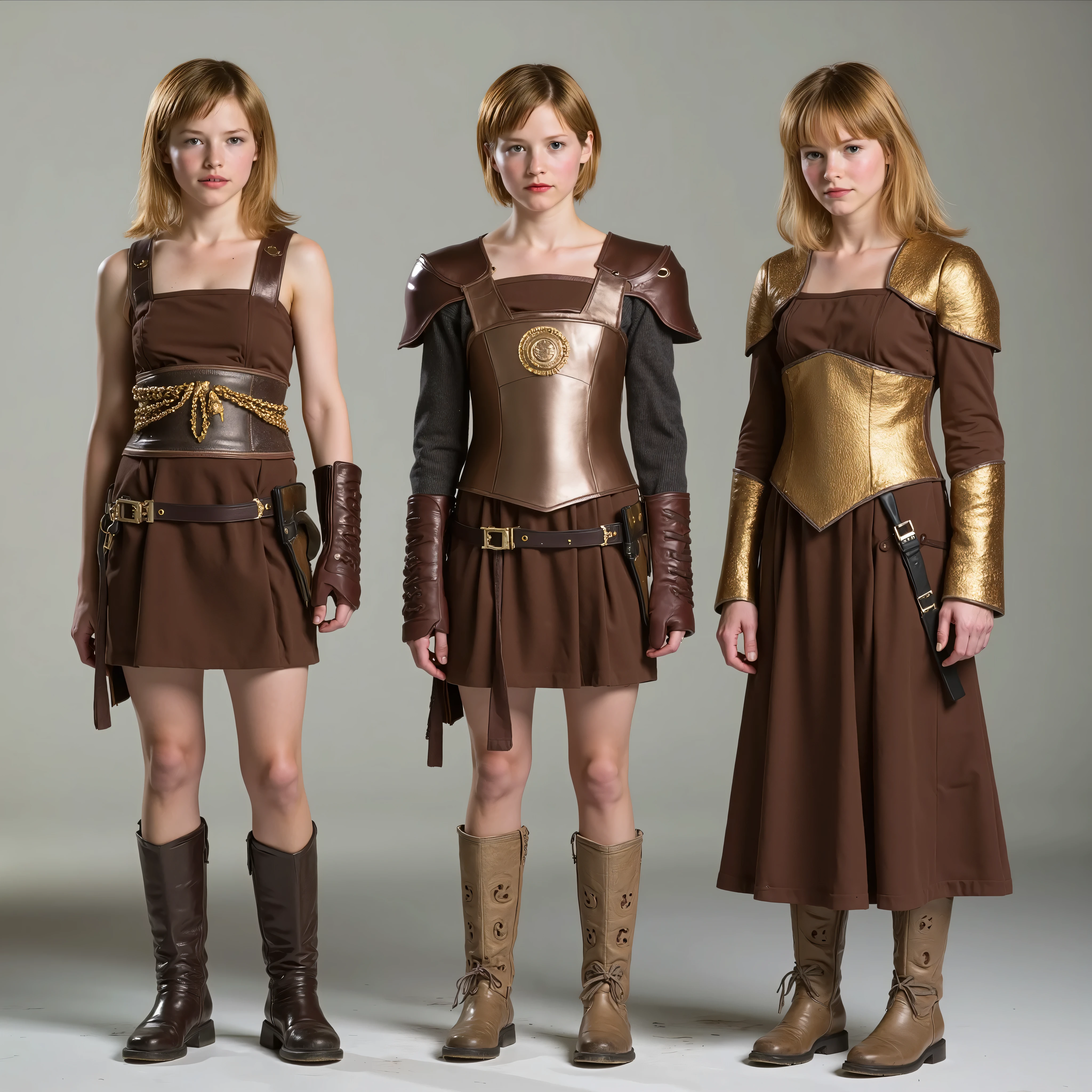The same young girl is standing exactly full-length in an image in three different outfits, 1 type - robber leather armor, leather brown corset and leather miniskirt, brown heeled boots, shoulder pads, 2 type - bronze knight armor, bronze corset, бронзовые shoulder pads, bronze chain skirt, leather boots with bronze plates, 3 type gold women's armor and brown dress with a neckline, золотые shoulder pads и сапоги на каблуках с острыми носами, stands on a gray background .