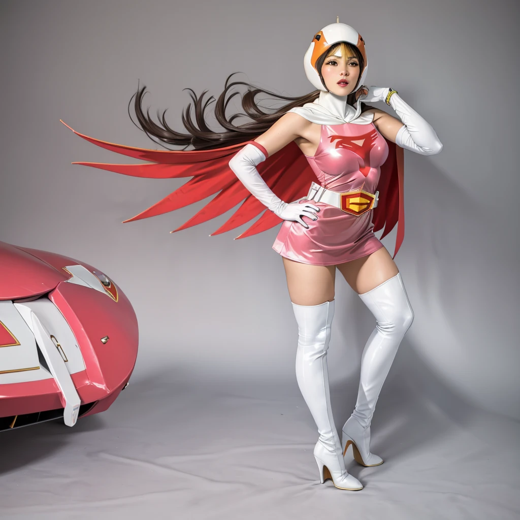 ANI_CLASSIC_jun_gatchaman_ownwaifu,1girl, 15yo,good anatomy, masterpiece, best quality,realistic, hyperrealistic, 16k hdr, long hair,breasts,green eyes,lips,large breasts,lipstick,makeup,gloves,cape,helmet,belt,elbow gloves,white gloves,mask,ultra miniskirt,leotard,spacesuit,white tight overknee highheels boots,pink dress,superhero,bodysuit,cleavage,erected nipples,(sexy pose,front view),(spread legs:1.1),cameltoe