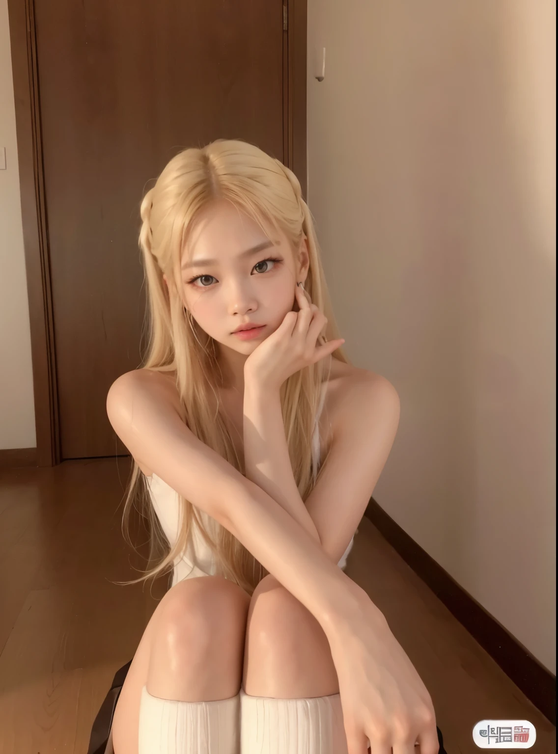 un primer plano de una mujer sentada en una silla con una mano en la barbilla, Dulce conejita ultrarrealista, Chica coreana, Diosa japonesa, pale milky white porcelain skin, Anime Barbie en Medias Blancas, barbie doll in panties and bra, Cara bonita con brazos y piernas, seductora chica de anime, pose sexy, lone petite female goddess, Skydoll Noa, Pose atractiva