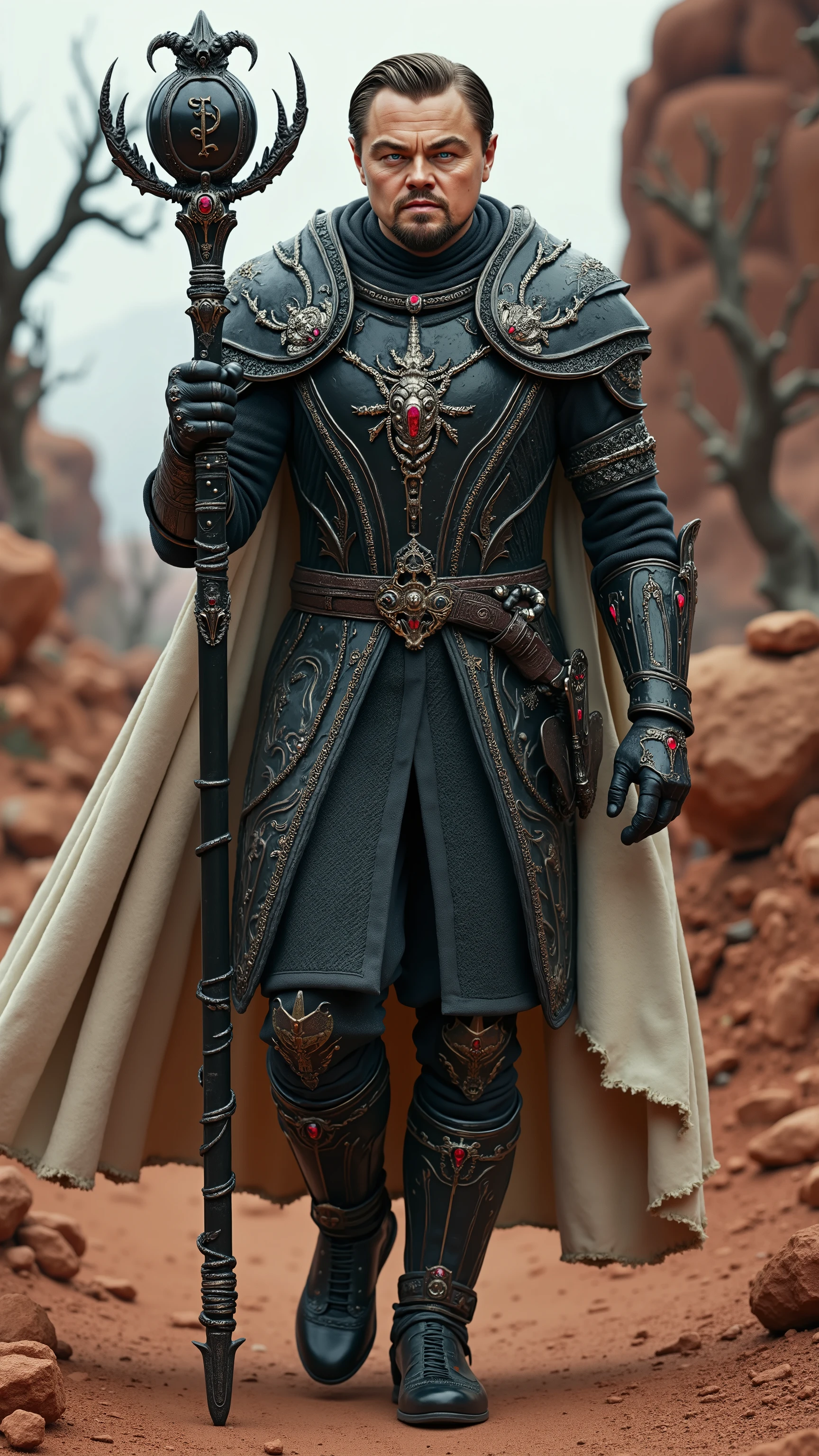 Leonardo DiCaprio reimagined as a majestic human-Scorpio hybrid walking and holding a black scepter, dramatic atmosphere, 1 male、
short, neatly styled light brown hair, piercing blue-green eyes, and sharp facial features. Small, dark scorpion-like patterns are visible along his temples. His skin has a slightly pale, smooth texture, enhancing his enigmatic appearance.
He wears ultra-luxurious armor crafted from polished obsidian and dark silver, adorned with intricate engravings of scorpions, serpents, and sharp geometric patterns. His breastplate features a central motif of a scorpion with ruby eyes, surrounded by silver web-like designs. The pauldrons are shaped like scorpion claws, with edges of blackened steel and red gemstone accents. A white silver velvet cloak, embroidered with silver scorpions and winding serpents, is draped over his shoulders, fastened by a brooch shaped like the Scorpio symbol surrounded by a ring of red garnets. His gauntlets and boots are decorated with segmented, scorpion-like armor plates, combining dark metal with crimson inlays.
In his hands, he holds a sinister black scepter, its shaft wrapped in dark silver chains and engraved with scorpion patterns. The scepter is crowned with a crystal orb surrounded by silver scorpion claws and tiny, crimson-tipped stingers.
Shows his male character's full figure, athletic body, perfect face, full body, extremely beautiful, male shape, and perfect anatomy. The background features a rocky, desert-like landscape with sharp stone formations and a clear, cloudless sky. Dark red sands cover the ground, and twisted, barren trees add a stark and intense atmosphere, photorealistic, masterpiece, realistic, high contrast, 8k, HD, high definition detailed, detailed, hyper detailed, realistic skin texture, best quality, ultra high resolution, hyper realistic, no text, very detailed eyes, dramatic lighting