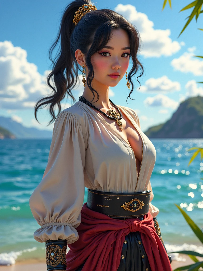 offcial art,统一 8k 壁纸,ultra - detailed,Beauty and aesthetics,tmasterpiece,best qualtiy,(zentangle,datura,Tangles,entangled),(s fractal art:1.3),1girll,The is very detailed,dynamic angle,cow boy shot,The most beautiful form of chaos,elegant,Fauvist design,vivd colour,romanticism lain,Luffy,Monchi D Luffy,pirate ships,outside,the ocean,swell sea
