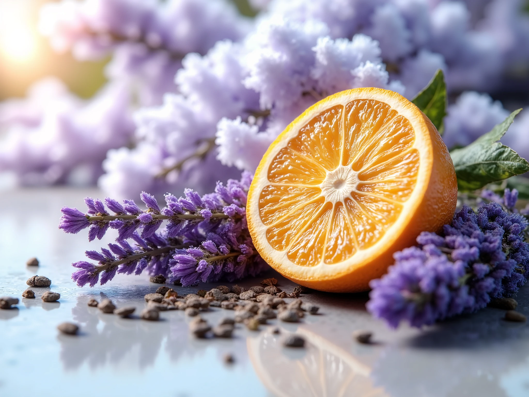 A harmonious and vibrant composition of natural ingredients: a fresh and juicy orange peel with an intense orange tone, delicate branches of purple lavender exuding a sense of tranquility and fennel seeds gently scattered around. The background has an ethereal effect with soft shades of blue and lilac, transmits calm and serenity. The lighting is soft and natural, highlighting the botanical details and textures of the plants. The setting conveys a sense of relaxation and well-being, evoking the idea of a perfect tea to alleviate anxiety and improve sleep