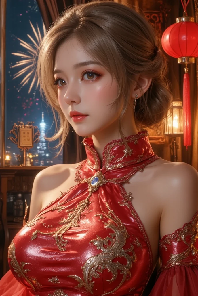 Girl, young and beautiful, tall and beautiful, fair face, perfect features, tall and beautiful, fair skin, good figure, heroic and valiant, heroic and valiant, wearing ancient Chinese armor, female general, Chinese landscape background, standing on the top of the mountain, 500 years ago, starry night, realistic, detailed, 8k, mix4, red_dress,starry sky, fire, red hair, solo, hair ornament, long hair, red eyes, jewelry, earrings, dress, bare shoulders, red lips, upper body, white background, facial mark, crescent, lipstick, forehead mark, looking at viewer