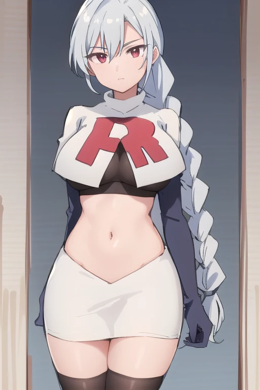 (masterpiece, best quality, ultra-detailed, illustration),genshin impact, kamisato, 1girl,solo,ayaka hair ornament,cowboy shot,ponytail, blunt bangs,blue eyes, eyebrows visible through hair, long hair, silver hair, looking at viewer,medium breasts,team rocket,team rocket uniform,white skirt,crop top,black thigh-highs,black elbow gloves,,