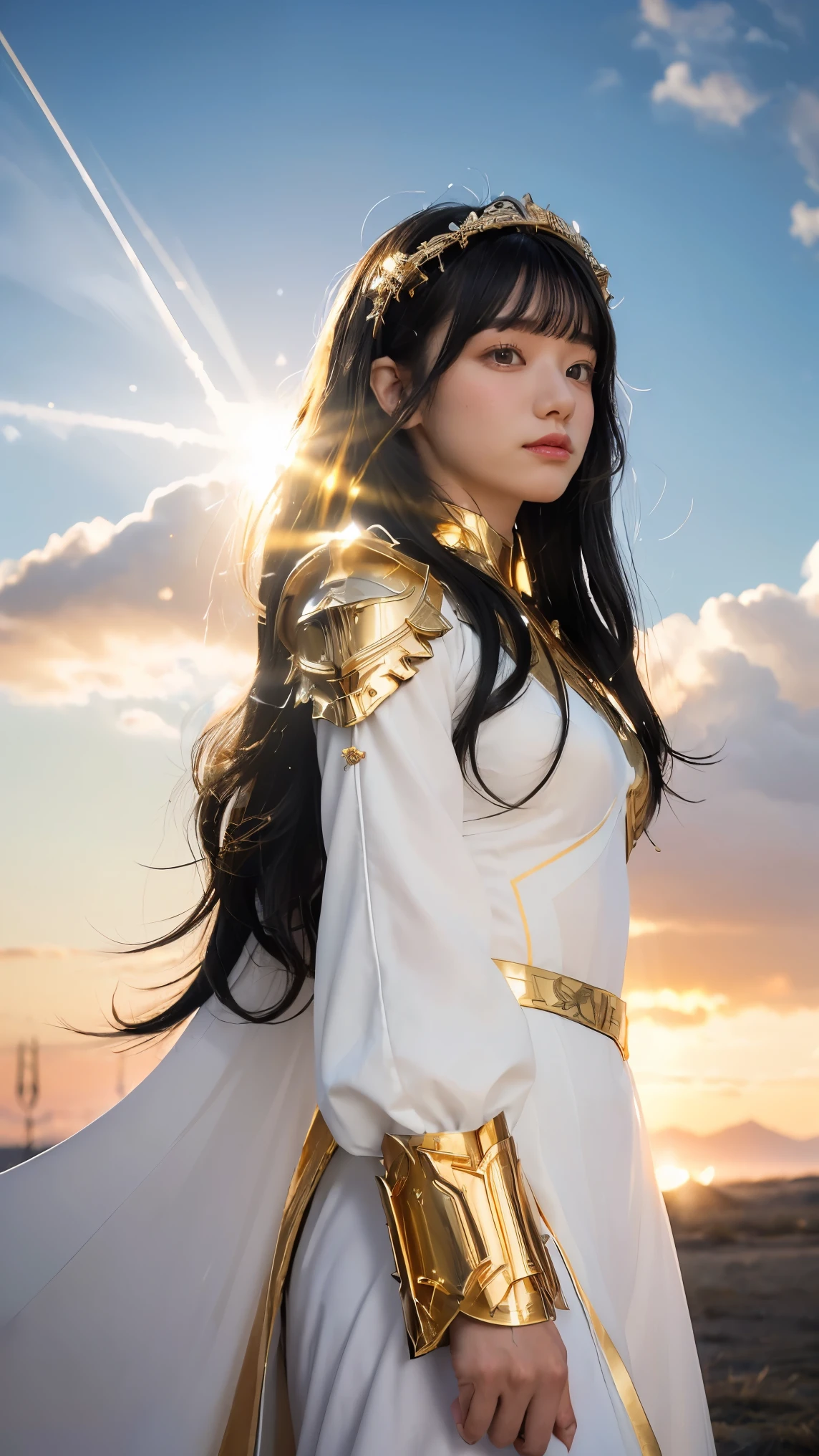 ((masterpiece, best quality, extremely detailed), volumetric lighting, ambient occlusion, colorful, glowing), 1girl, solo, young girl, (black fluffy hair), long hair, halo, aura, sacred, goddess, cleric suit, (white outfit with gold detailst:1.3), armor, outdoors, sunset, sky, clouds, space, (fantasy theme:1.2),