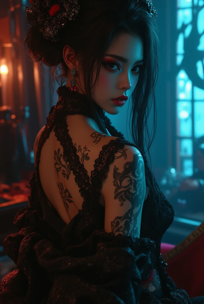 redhead, whole body tattooed, red and black transparent lingerie, Long and curly hair, Back, bat wings on the Back, 1 pair of bat wings