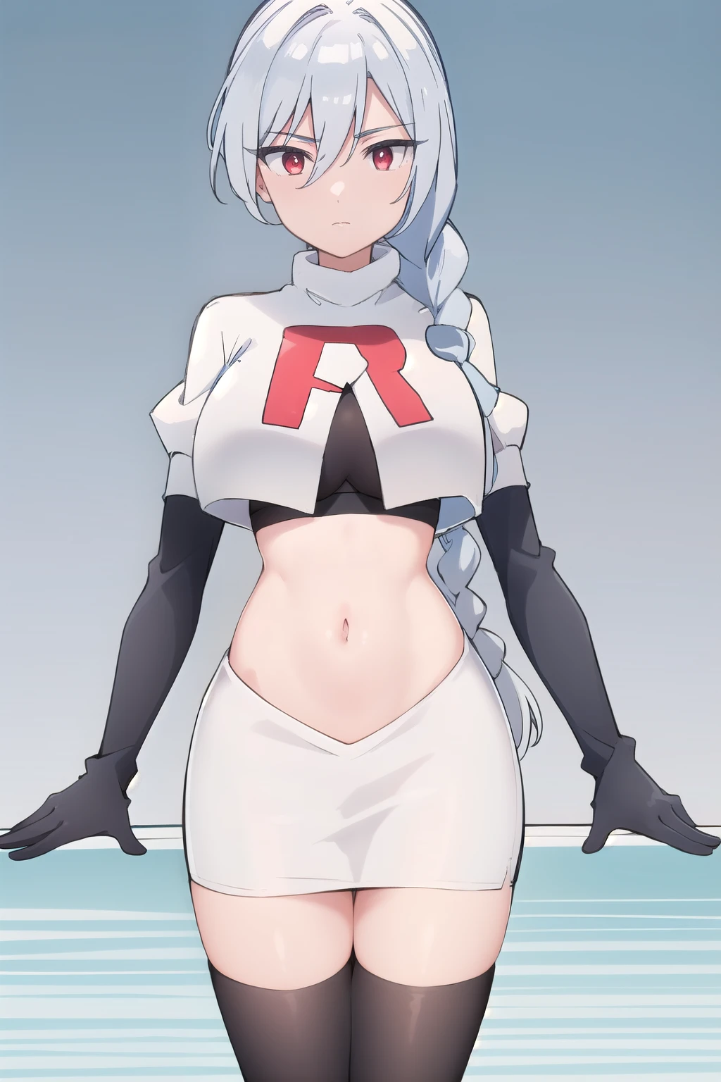 (masterpiece, best quality:1.2),illustration,8k,hd,1girl,solo,very_long_hair,large_breasts,red_eyes,white_hair,zettai_ryouiki,team rocket,team rocket uniform,white skirt,red letter R,crop top,black thigh-highs,black elbow gloves