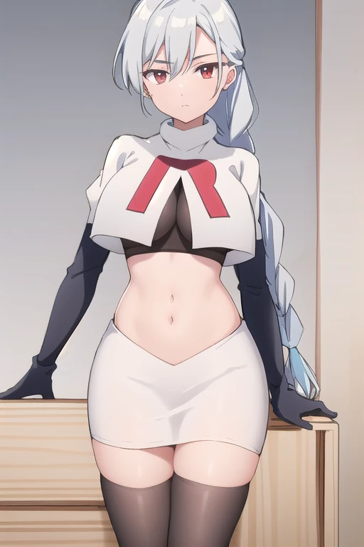 (masterpiece, best quality, ultra-detailed), AnnaNishikinomiya, white hair, aqua eyes, short hair, hairband, large breasts, team rocket,team rocket uniform,white skirt,crop top,black thigh-highs,black elbow gloves,