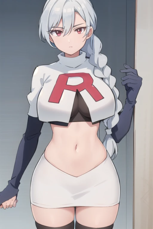 best quality, (masterpiece:1.2), illustration, absurdres,
(1girl), (solo), (beautiful detailed girl),
Sonya Baelz, blue hair, medium hair, grey eyes, large breasts, half-frame glasses, gray glasses,
team rocket,team rocket uniform,white skirt,red letter R,crop top,black thigh-highs,black elbow gloves,
looking at viewer, serious,