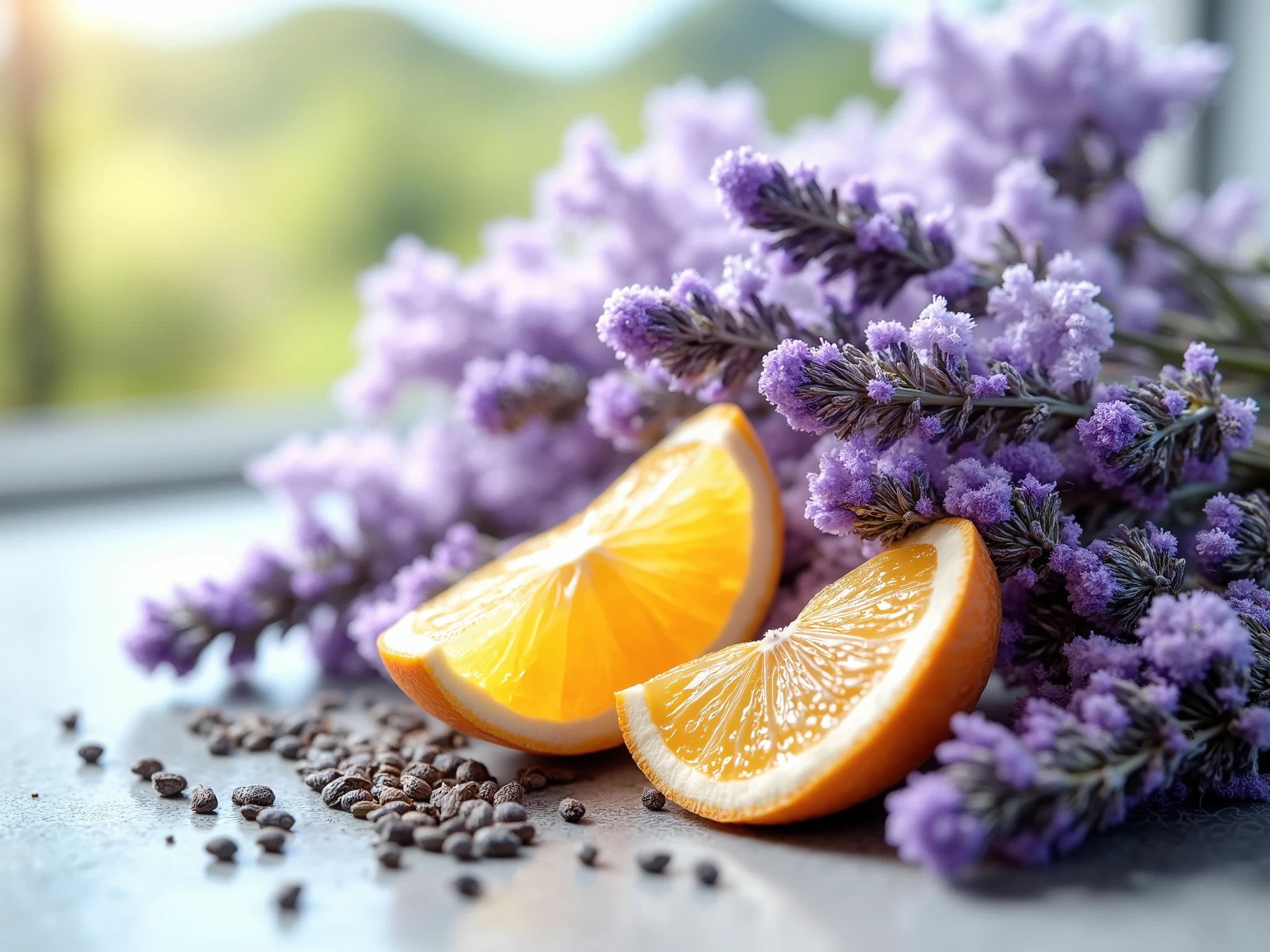 A harmonious and vibrant composition of natural ingredients: a fresh and juicy orange peel with an intense orange tone, delicate branches of purple lavender exuding a sense of tranquility and fennel seeds gently scattered around. The background has an ethereal effect with soft shades of blue and lilac, transmits calm and serenity. The lighting is soft and natural, highlighting the botanical details and textures of the plants. The setting conveys a sense of relaxation and well-being, evoking the idea of a perfect tea to alleviate anxiety and improve sleep