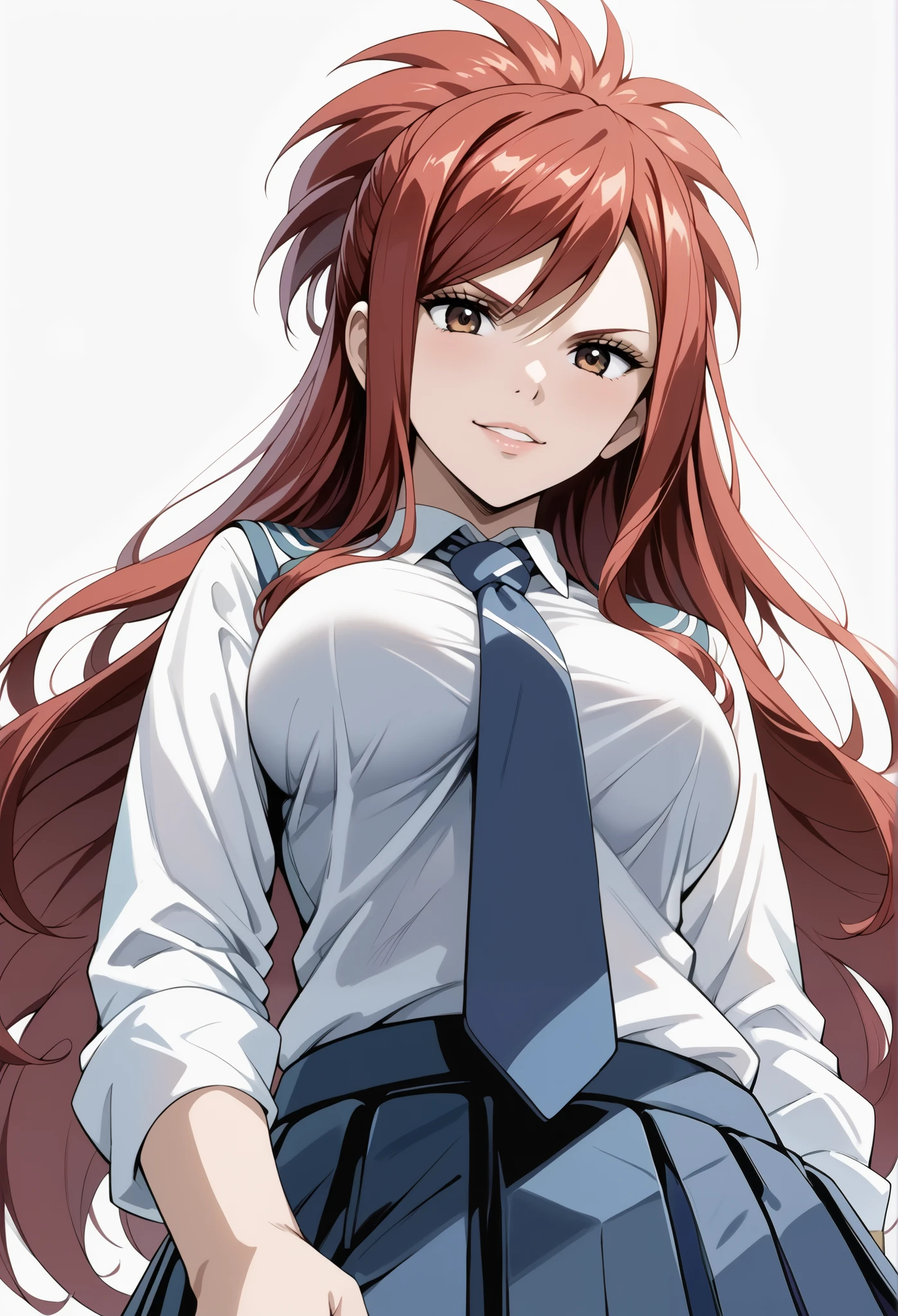 score_9, score_8_up, score_7_up, source_anime, 4K,perfect fingers,(perfect hands, perfect anatomy),prefect lighting, very aesthetic, intricate details,highly detailed background, masterpiece, high quality, best quality,
1 girl,solo,erza knightwalker, red hair, brown eyes, long hair, straight hair,mature female,large breast,,
wearing ((necktie,school uniform, skirt, )),,
((White plain background:1.5)) , evil smirk, Standing, looking at viewers, ((bottom view)), (Lower your hands forward:1.5),