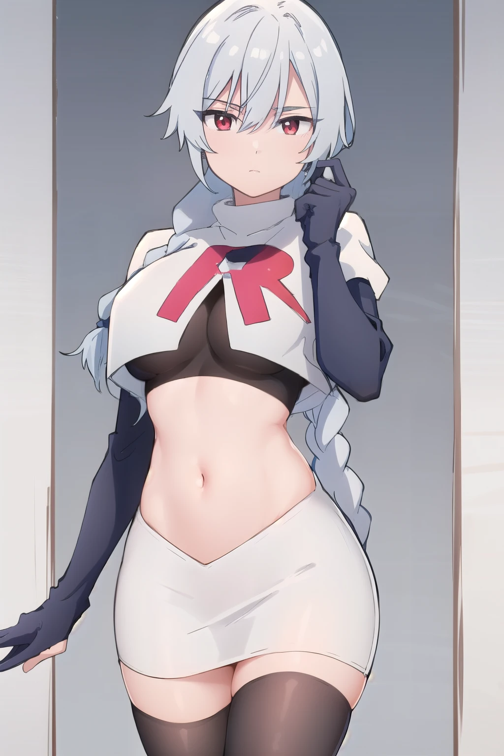 (masterpiece, best quality, ultra-detailed), AnnaNishikinomiya, white hair, aqua eyes, short hair, hairband, large breasts, team rocket,team rocket uniform,white skirt,crop top,black thigh-highs,black elbow gloves,