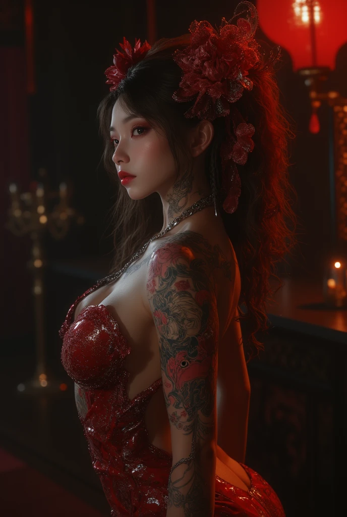 A beautiful female demon, curvy body, long straight black and red hair, small red horns, detailed tattoos on chest and arms, red cheongsam traditional dress, necklace, mini skirt, cleavage, big thighs, photorealistic, masterpiece, ultra-detailed, vivid colors, dramatic lighting, dark fantasy, gothic, dramatic pose, mysterious expression