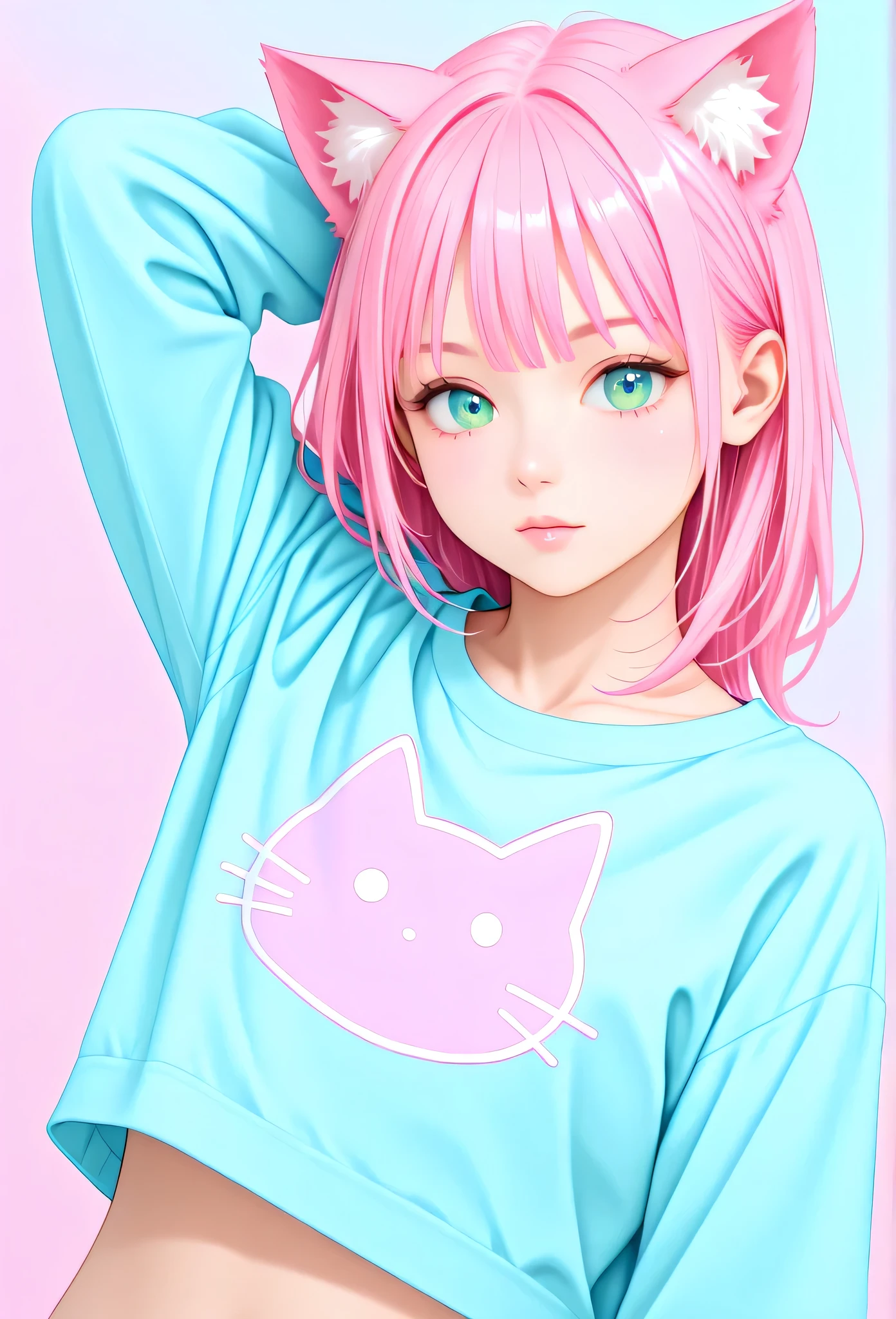 random hot and busty japanese girls, nekos, pastel color palette,
