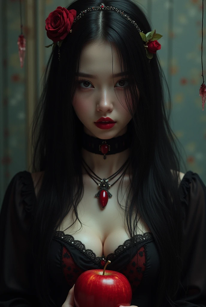 It produces works by women that combine a dark and mad world based on red with intense fantasy elements. She has a creepy and charming figure, dressed all over her body in a dark red fashion style. The background is a fantastic fantasy world, where magical lights dance, strange creatures and magical plants are present. Her figure is mysterious, with a brilliant blend of dark vibes and fantasy essence.

The effects of light and shadow are skillfully presented, and the details of the dark red costume and her face and expression are meticulously drawn. The fantasy element intensifies even more, and a red light envelops her. The overall atmosphere is mysterious and enchanting, yet it has its own artistic touch. The red and dark tones of this work stand out, which will evoke visual stimulation and aesthetic sensation, giving the viewer interest and mysterious charm.

He creates a work based on dark red that weaves fantasy elements into a dark and mad worldview. Her eerie and charming figure and fantastic red background will make a deep impression on the viewer as a unique work of art.