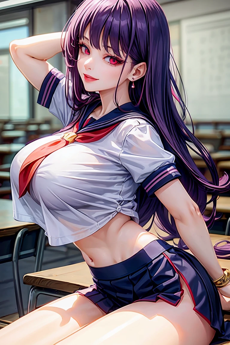 woman, sexy woman, mature female, mommy, long purple hair, red eyes, sharp eyes, detailed lips, big breast, short sleeves sailor uniform, sexy sit, classroom, evil smiling, seductive lips, adjusting hair, short skirt, hunter eyes, looking back, midriff peek, earrings , high pony tail