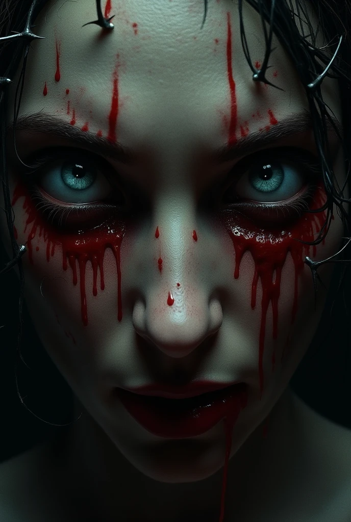 a portrait of a woman with a blank stare, her face pale, and thick black blood flowing from her eyes. His lips curved in a faint smile that seemed full of dark secrets