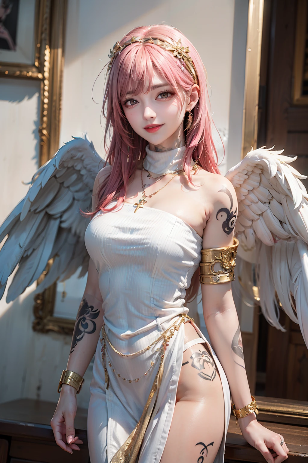 killala Clara, pink hair, twintail, small horns, demon tail, small demon wing,violet eyes. small girl, defined vagina, huge breast, slender body, demon princess