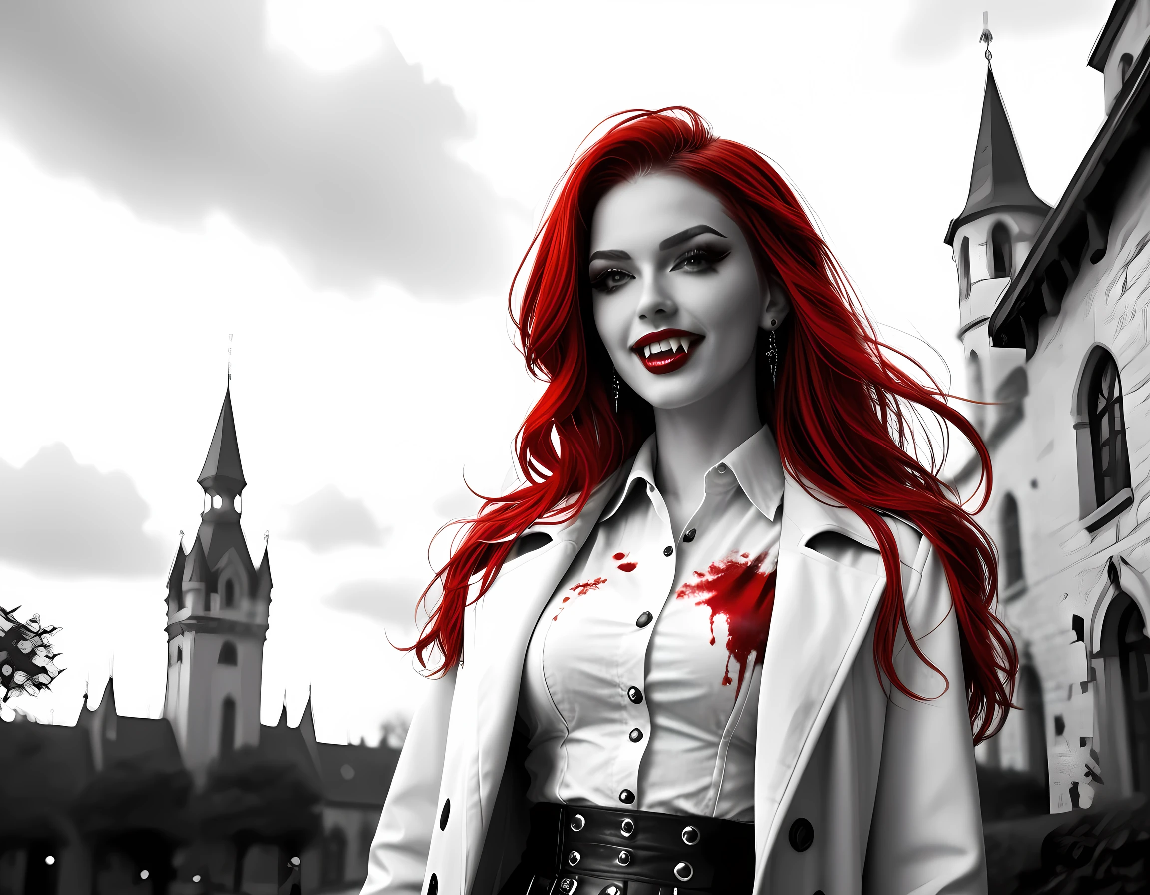 score_9, score_8_up, score_7_up,goth fantasy art, (black and white art: 1.5) mostly black and white, a picture of a beautiful female vampire, long hair hair, blue eyes, wearing trench coat, wearing a skirt, wearing white leather button shirt, (red blood stains: 1.3), it is cloudy day (only colors are the blood and the eyes), vampyfangs1, fantasy, Cinematic Shot