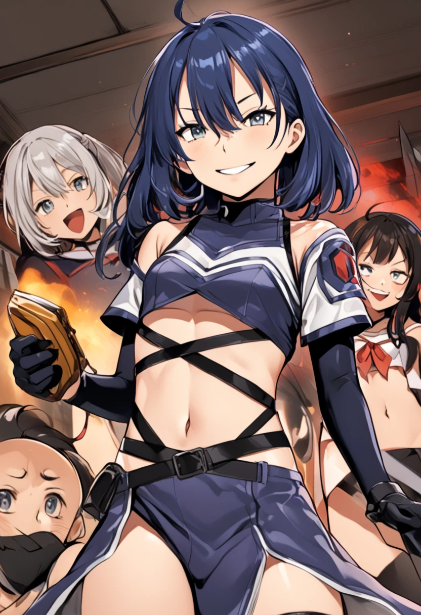 1girl,yellow eyes,large breasts,long hair,blue hair,hair between eyes, necklace, masterpiece, best quality, ((unbuttoned , cleavage, necklace, earrings, sexy body,
breasts)) , micro skirt, smiling, navel , exposed belly, exposed navel,(nsfw) not safe for work,school,
classroom , holding a gun, hold a gun,