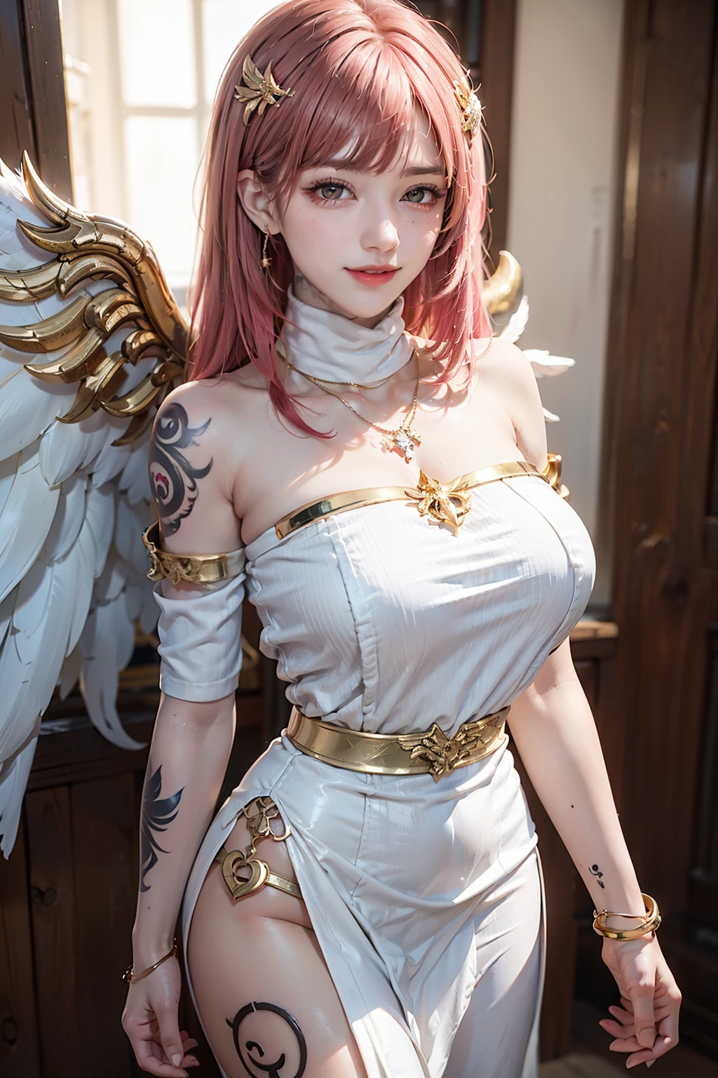 Women, early 20s, short silky pink hair with yellow tips, angel wings, gold armlet, gold bracelet, golden eyes, seductive look, golden hair pins, turtle neck sweater dress, golden key necklace, standing up, big breast.