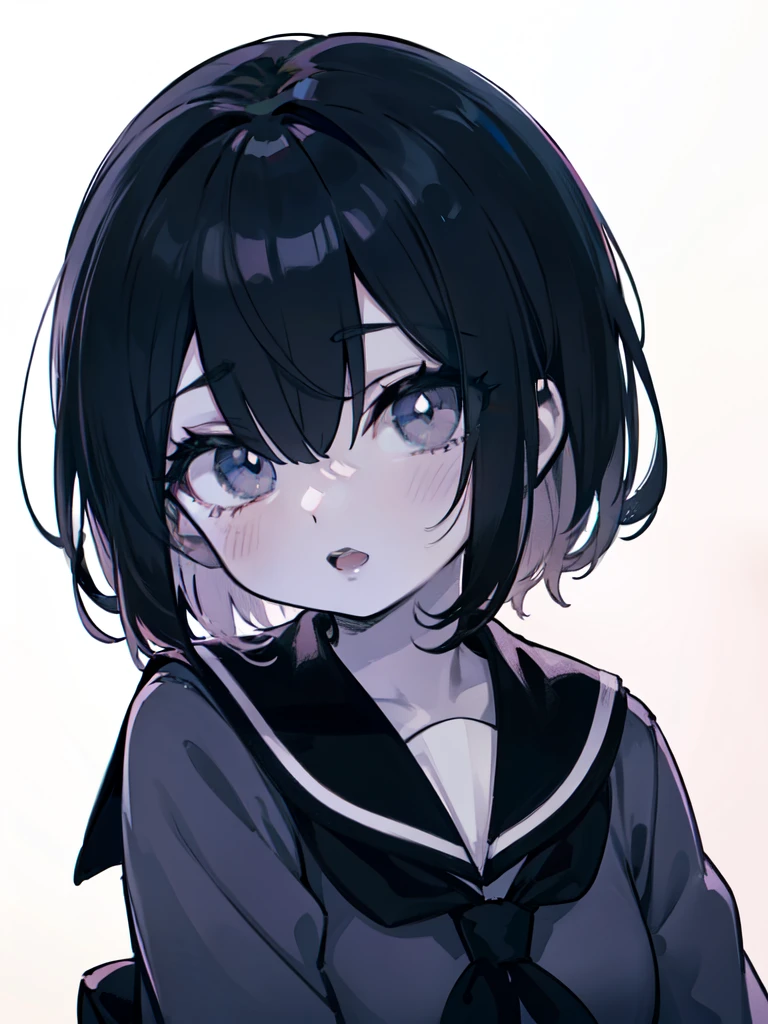 (Top Quality),illustration of a high school girl,sailor suit,(upturned eyes:1.4),( solid color background:1.2),upper body,pastel colors,Dark Hair,leaning on person,(Bottom of the frame :1.2),(open mouth),(silhouette background)