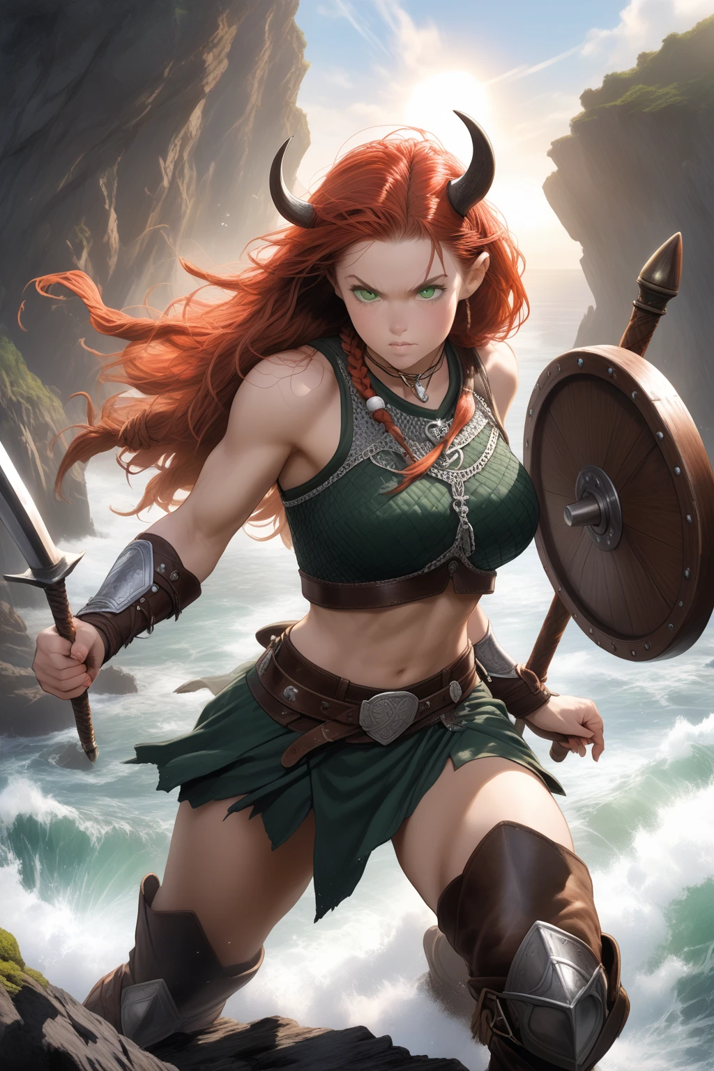Viking warrior with red hair, golden snake eyes, dressed in a fur lined battle jacket. She looks fierce, raising her battle axe just before she deals a deadly blow to the dragon that lays at her feet. --auto --s2