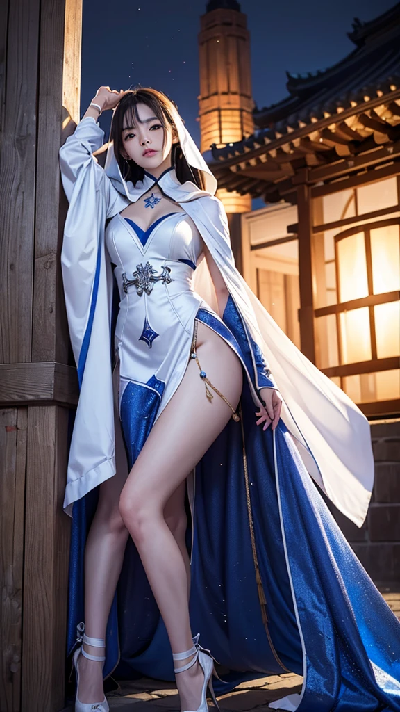 climbing a temple wall South korea women mystery hooded on with modern royal Blue coat with long and wide sleeves with buttons and royal Blue cape and very high white heel over the knee and white gloves, As she reveals a small secret hidden blade coming from his palm , adding to the character's mysterious and agile appearance, with small movements of air on the cape,, in summer at night under the rain,medieval south korea house. sophisticated and highly detailed, ultra hd, realistic, hyper detailed, enhanced colours, ultra sharp focus, with vibrant, rich in details High quality, gorgeous, captivating, 8k, super detailed, stunning shadows, detailed lines, just after to make a murder