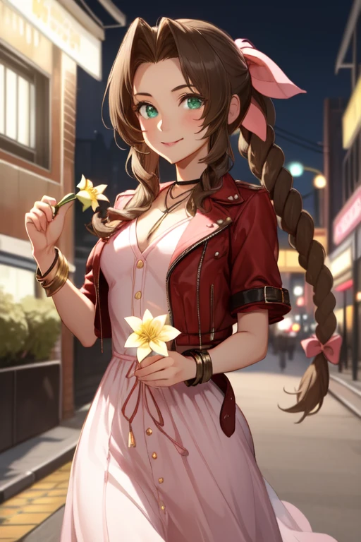 Ultra-high resolution, (masterpiece, Highest quality), Aerith Gainsborough, (One beautiful girl, alone:1.1), (hair, long hair, brown hair, dutch hair, Single Ponytail, Braidinged ponytail, bow, ribbon, hair bow, ponytail ribbon, big ribbon), (eye, (Big eye:1.2), green eye), jewelry, necklace, (chest, Natural chest,( Big chest:1.2)), Braiding, flower, Side Lock, lips, parted lips, bracelet, (Jacket, Red Jacket, Open Jacket, Short sleeve, cropped Jacket), (dress, Long dress, Pink dress, Vnack), Written boundary depth, white flower, Realistic, nose, (shot, full-body shot, cowboy shot), garden, blossoming garden, Natural Light Portrait, smile, happy smile,