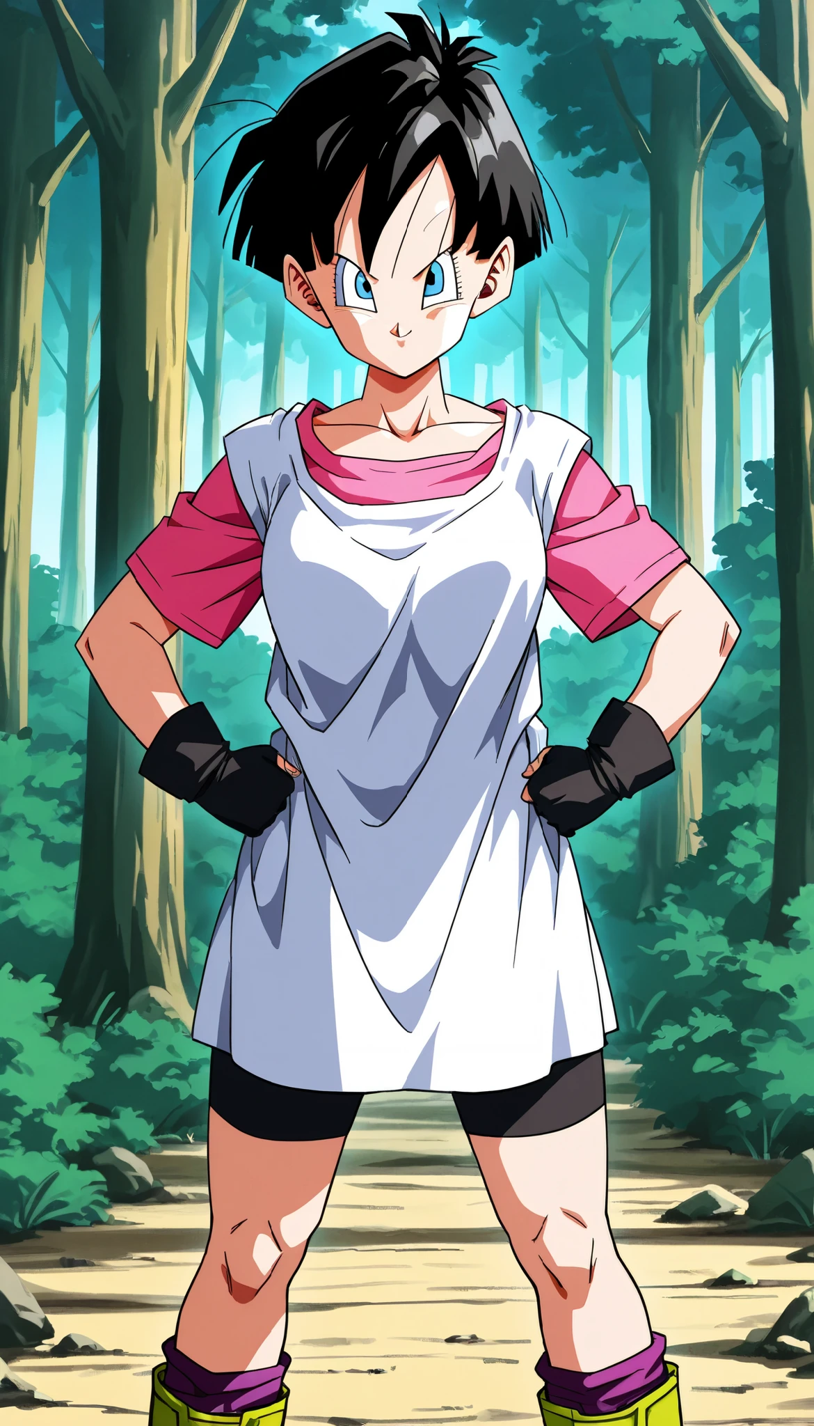 score_9, score_8_up, score_7_up,DragonBall style,Anime Coloring,Masterpiece,high quality,high image quality,pretty finger,detailed face,BREAK,1girl,solo,v1del, black hair, short hair, blue eyes,white shirt, pink shirt, short sleeves, black gloves, fingerless gloves, bike shorts, socks, boots,BREAK,standing,hands on hip,BREAK,Confident smile,defiant attitude,BREAK,outdoor,forest,looking viewer,cowboy shot,from forward