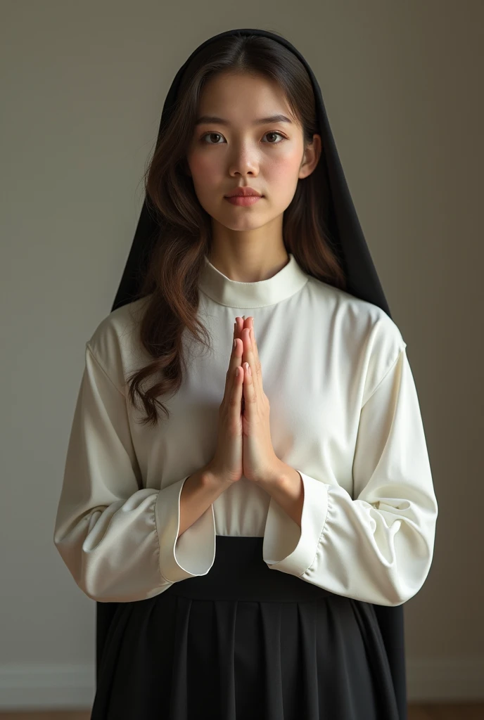 a woman 25 yeras old, wearing glasses and dressed as a nun, slightly worried face, white background, catalog photography. full body