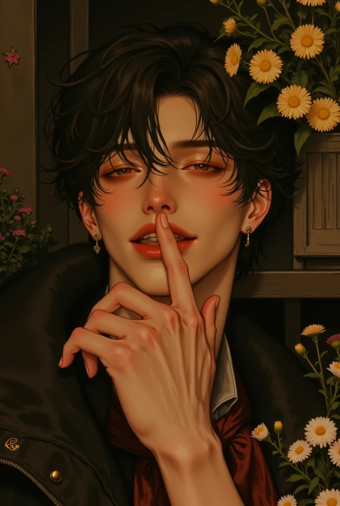 (Masterpiece), (best quality), 1Man , Alone, male ,  middle part hair ,  black hair , dreamy eyes, smile, (Strong, is well defined ,  chiseled jawline ), (   ,  slightly pointed chin ),Muscular, modern student, modern costumes,  haughty , confident, playful miniskirt , unbothered,  mighty ,  Classroom setting , forehead, guardian , aesthetic,  magic , handsome fisherman, High ,  beautiful , details eyes,  Youth face , Bối cảnh foreheadg lệ, (1men ), details(light and dark),  Light effect , angle movie camera,  the gentleman , gentle, elegant,  Rich ,  gold logo art , learning , learning  in class, (details light and dark, movie scenery, (1 person ), ( single men ), (short hair), young, 18 years old, (Exquisite art), Emotional character design), ( Rich  textures), (digital anime art style)