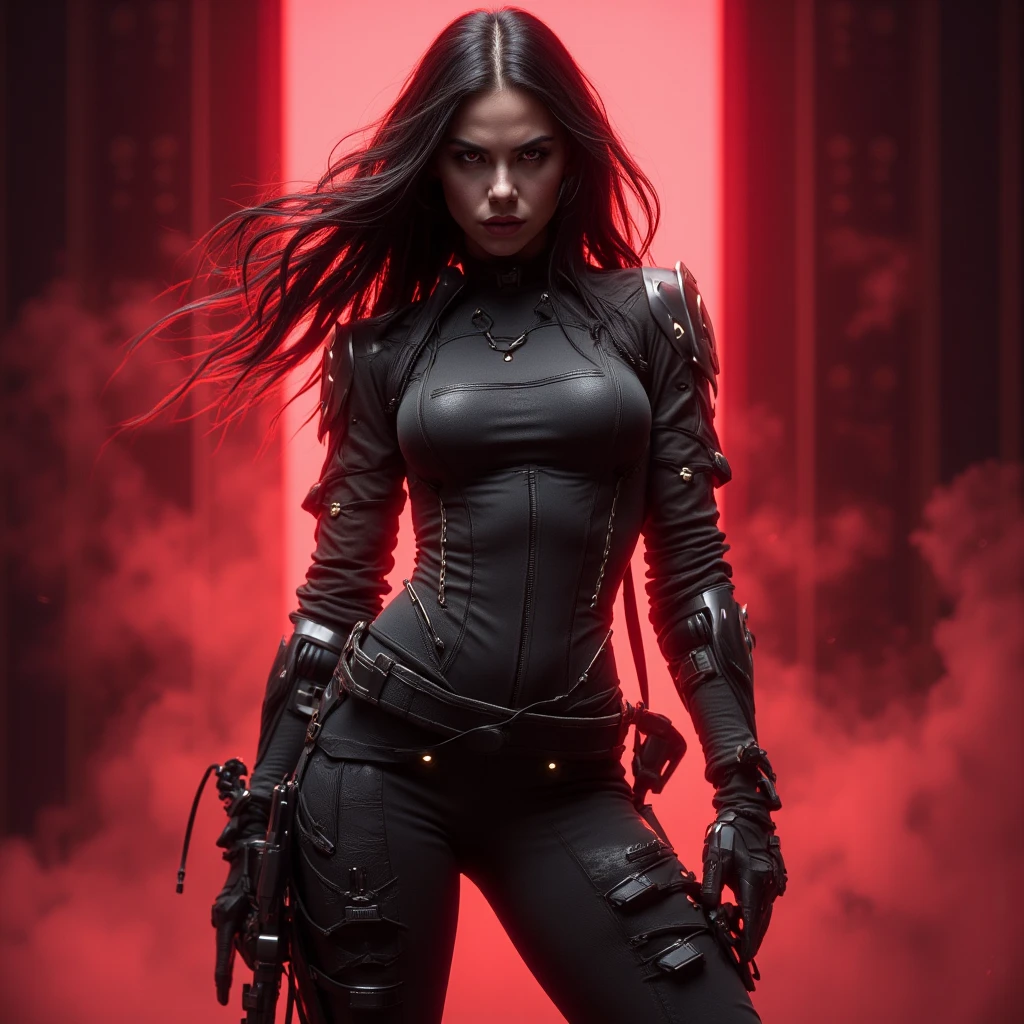 An ultra hot gorgeous European woman, age 23, in action pose, she’s holding a katana. Body covered of blood and blood splatter.bloody face, bloody clothes, bloody body. She’s full of fury and anger. Outside, in the snowy streets of a town after a disaster. Flames, heavy smoke. Sparkles, explosions. Dramatic cinematic light. Dark atmosphere.