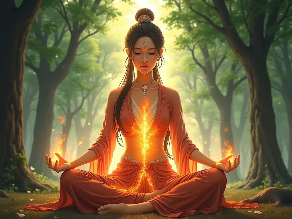 Life force within a person (chakra, element, fire power, meditating)
realistic medieval anime style