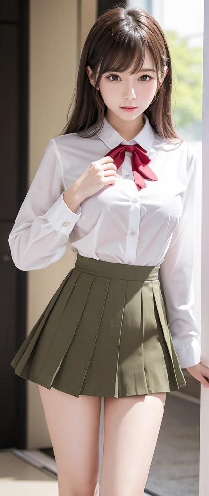 1girl, solo, (school uniform:1.4), green eyes, dress, looking_at_viewer, neck_ribbon, cute, clear facial skin, (best quality), (masterpiece:1.1)