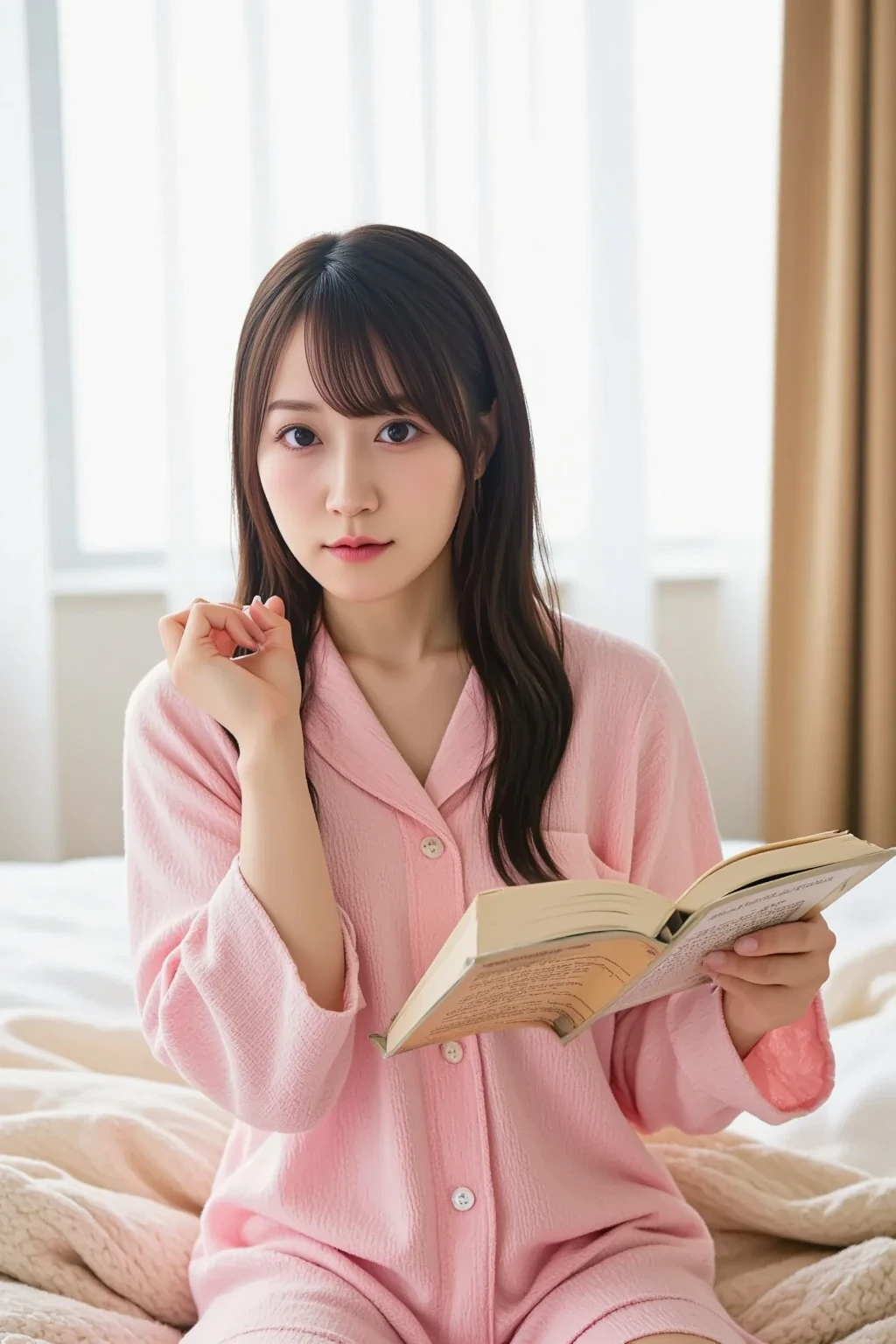 night、I am reading、Japanese、Girl、In pajamas、Looking this way and smiling。