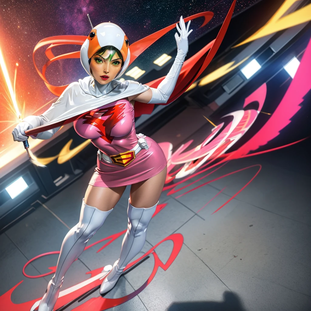ANI_CLASSIC_jun_gatchaman_ownwaifu,1girl, 15 years old,good anatomy, masterpiece, best quality,realistic, hyperrealistic, 16k hdr,breasts,green eyes,lips,large breasts,lipstick,makeup,gloves,cape,helmet,belt,elbow gloves,white gloves,mask,ultra miniskirt,leotard,spacesuit,white tight overknee highheels boots,pink dress,superhero,bodysuit,cleavage,erected nipples,((jumping poses,arms up straight)),cameltoe