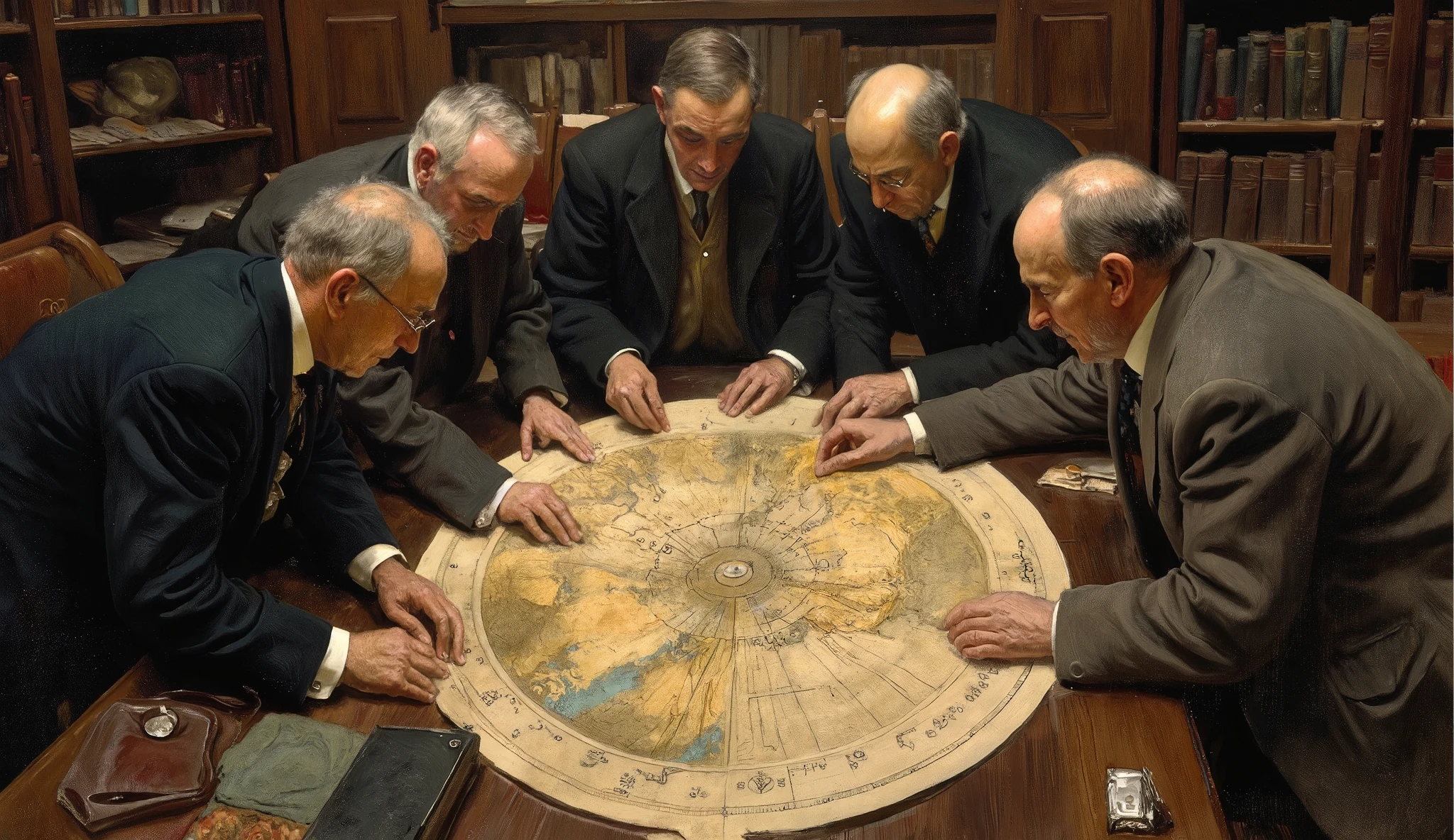 old group of man looking at a circular map in a desk